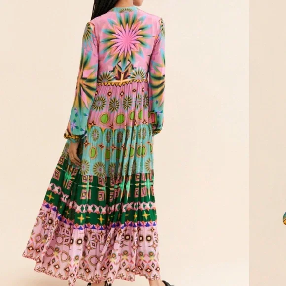 Siddhartha Bansal Anthropologie Pink And Green Geometric Teir shirt Dress